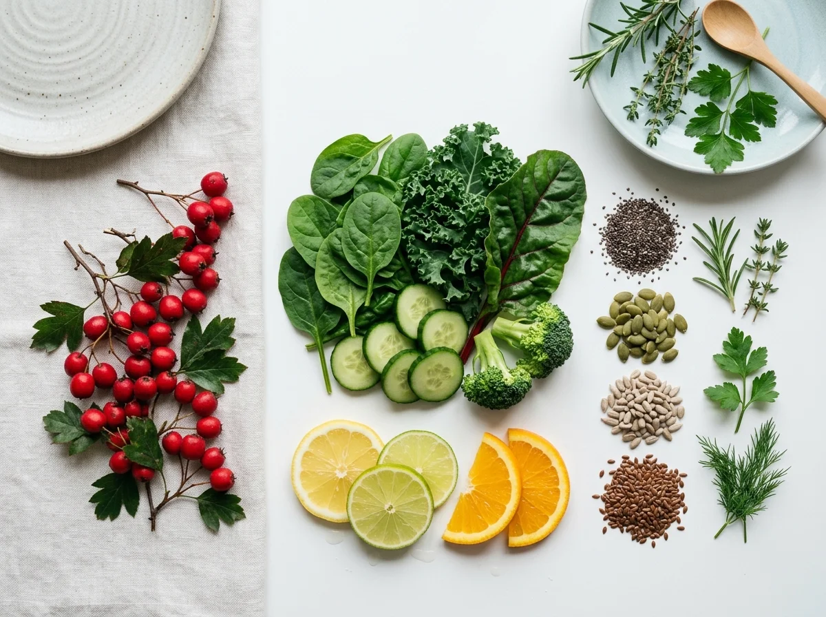 Fresh hawthorn, greens and citrus for a food supplement for circulation and energy